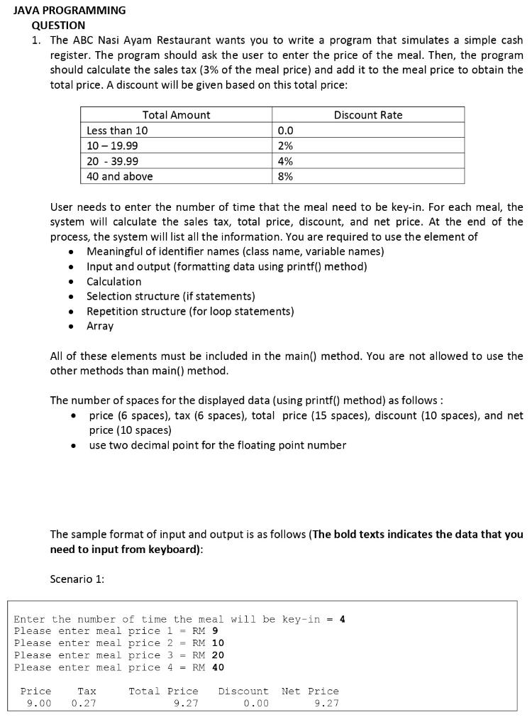  JAVA PROGRAMMING QUESTION 1. The ABC Nasi Ayam Restaurant wants you
