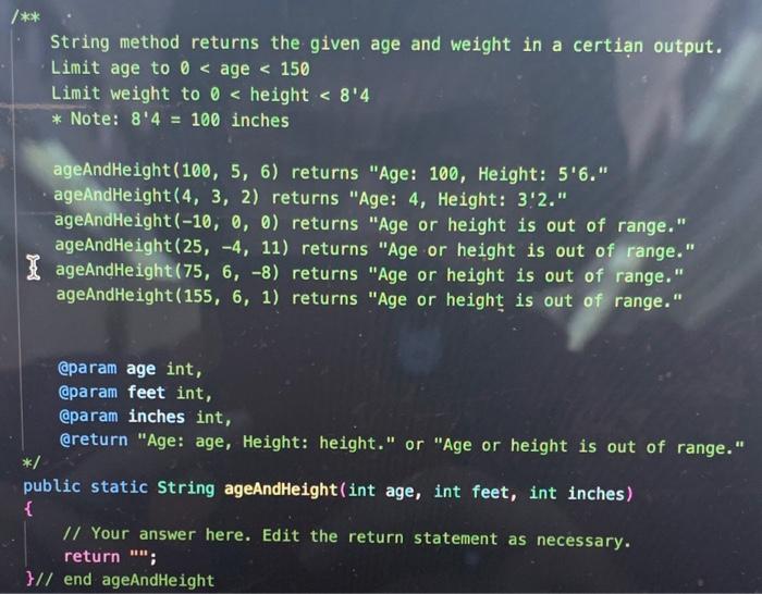 in java please String method returns the given age and weight in