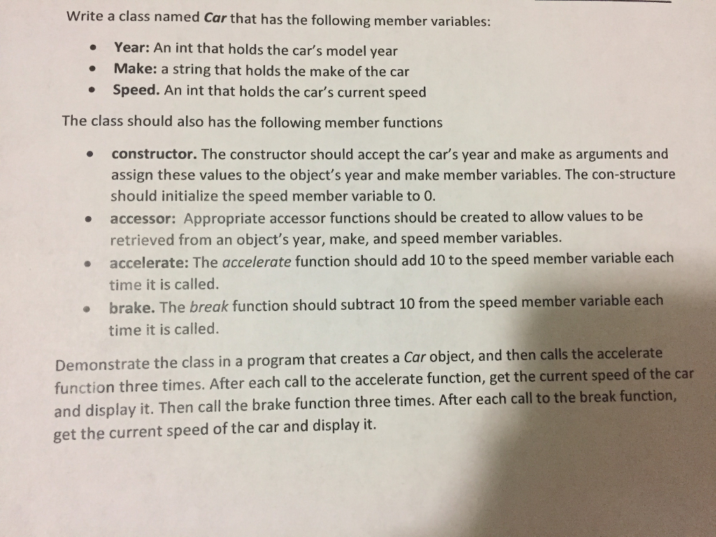 (C ++ , do not use stdio.h Write a class named Car