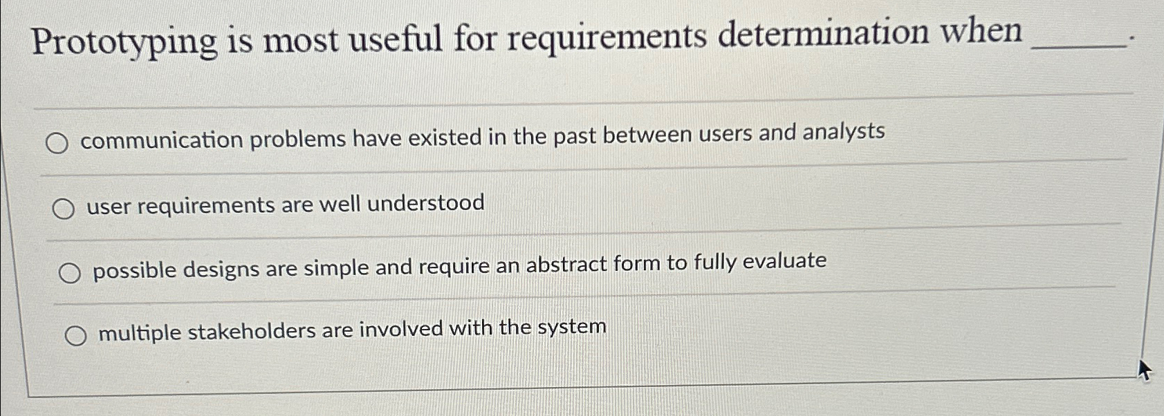  Prototyping is most useful for requirements determination when communication problems have