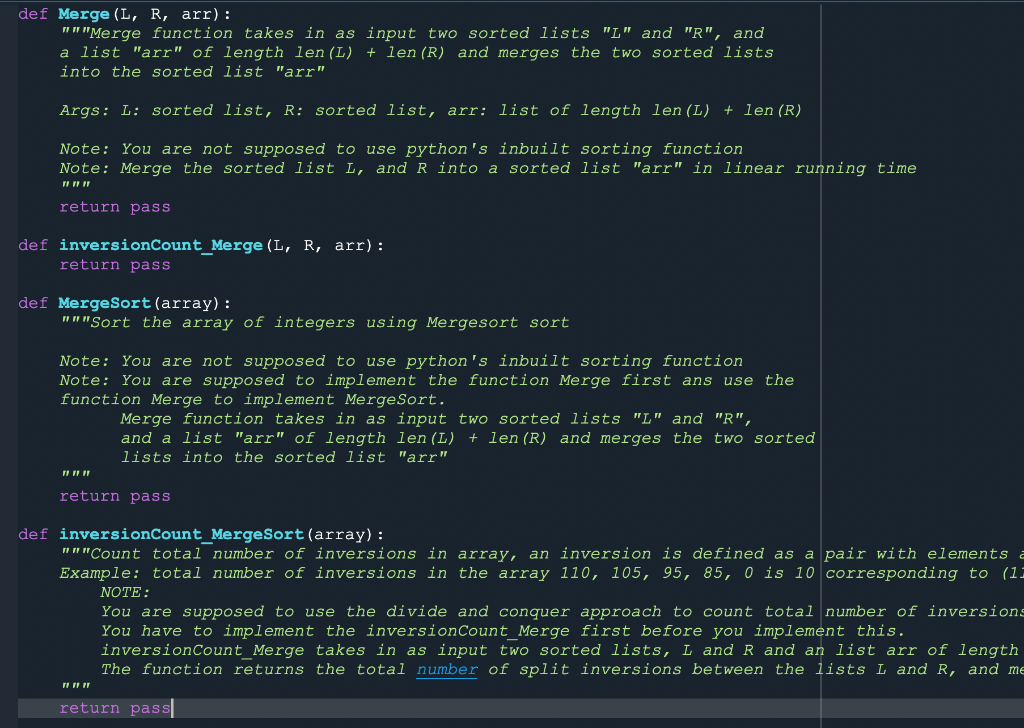 Need help in 4 sorting function using merge. Please return the value.
