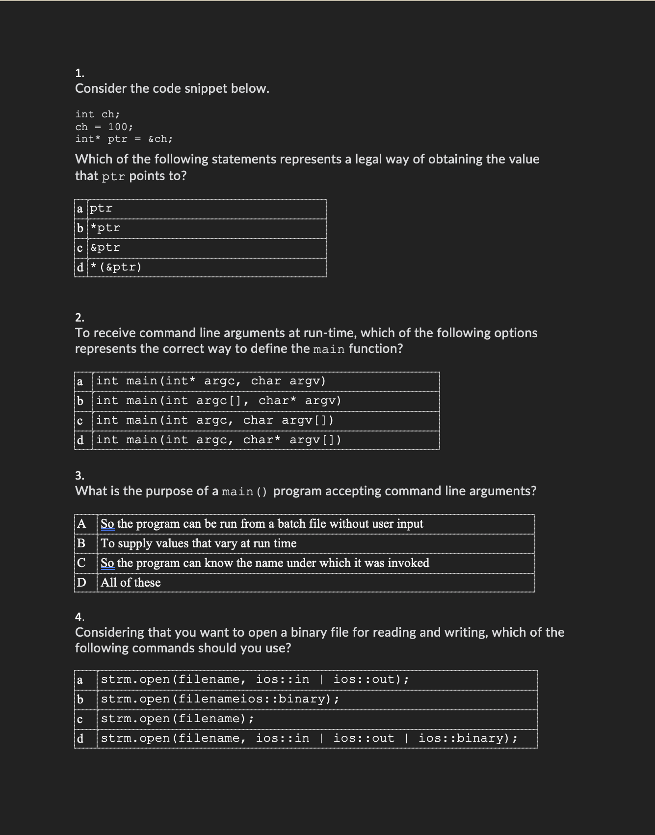  1)Consider the code snippet below. int ch; ch =100; int* ptr