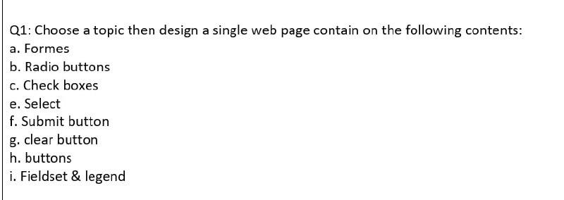 USING HTML Q1: Choose a topic then design a single web page