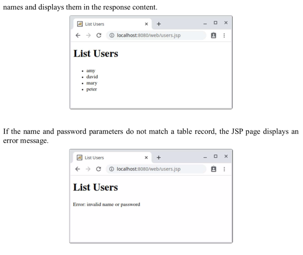 user names using the database table of question 1. The JSP page