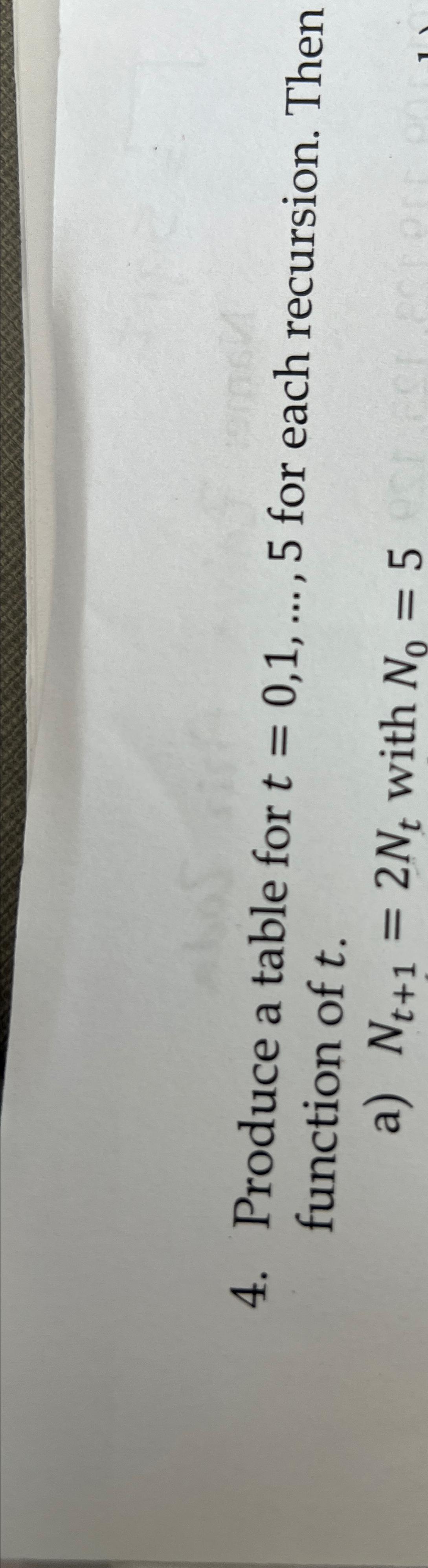  Produce a table for t=0,1,dots,5 for each recursion. Then function of