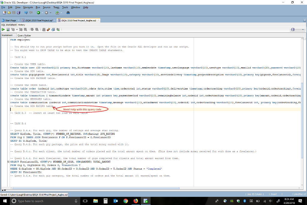 Need help with the query request in red Oracle SQL Developer File