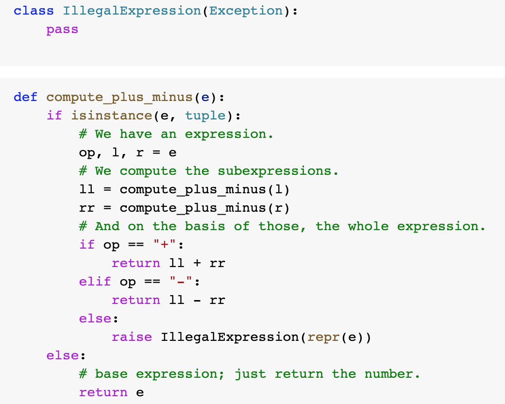 need the ###write your code here part class IllegalExpression (Exception): pass rr