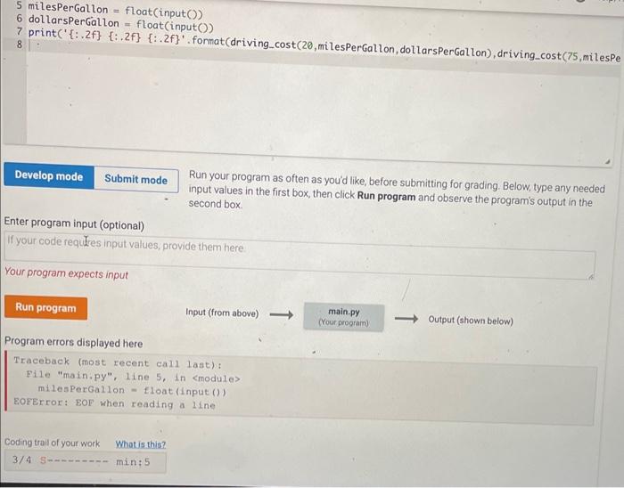 program with a car's gas milage (miles/gallon) and the cost of gas