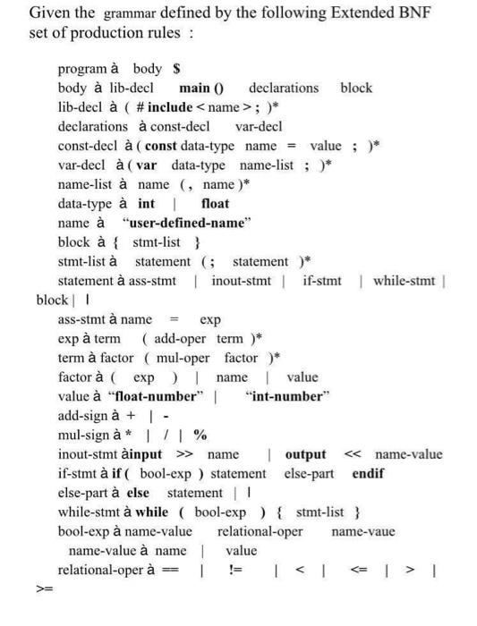 I need it solved using Java Given the grammar defined by