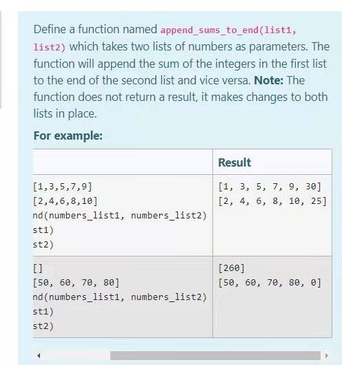 Define a function named append_sums_to_end (listi, list2) which takes two lists