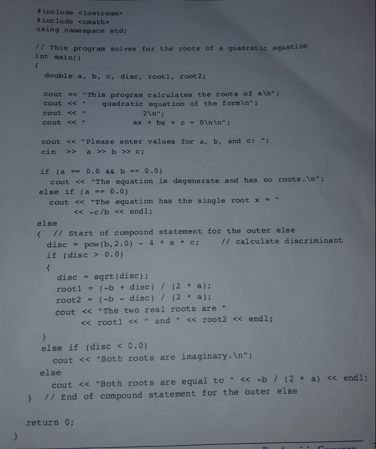 the roots of the quadratic equation for any inputs of a, b,