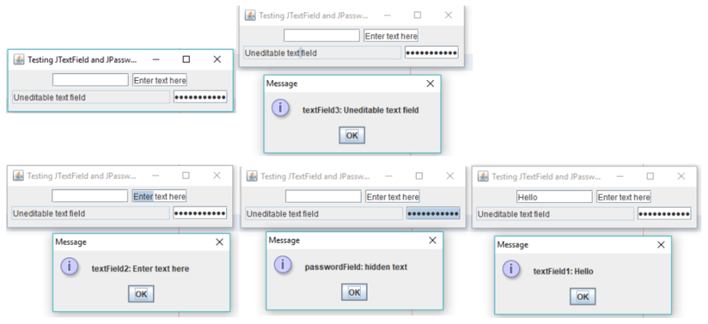 Create a program to demonstrate the JTextField class Construct four text fields,