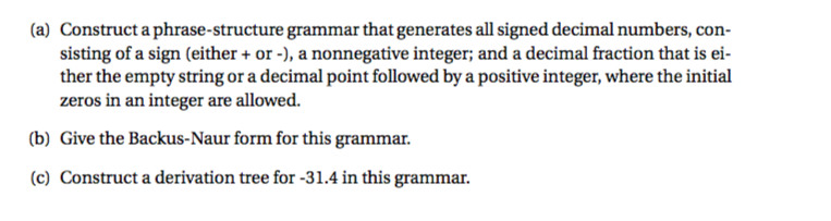  (a) Construct a phrase-structure grammar that generates all signed decimal numbers,