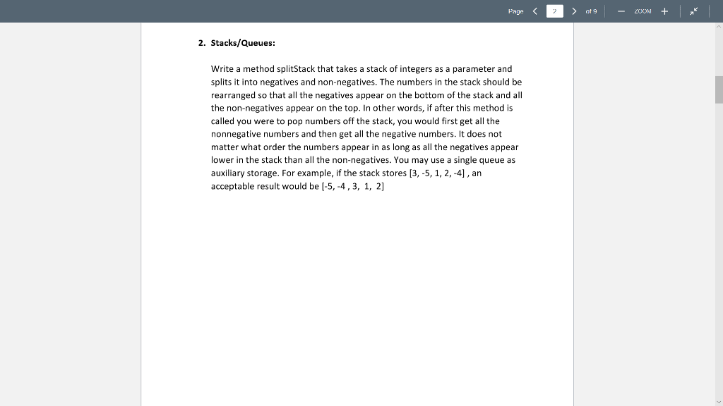  Page ot 9 2. Stacks/Queues: Write a method splitStack that takes
