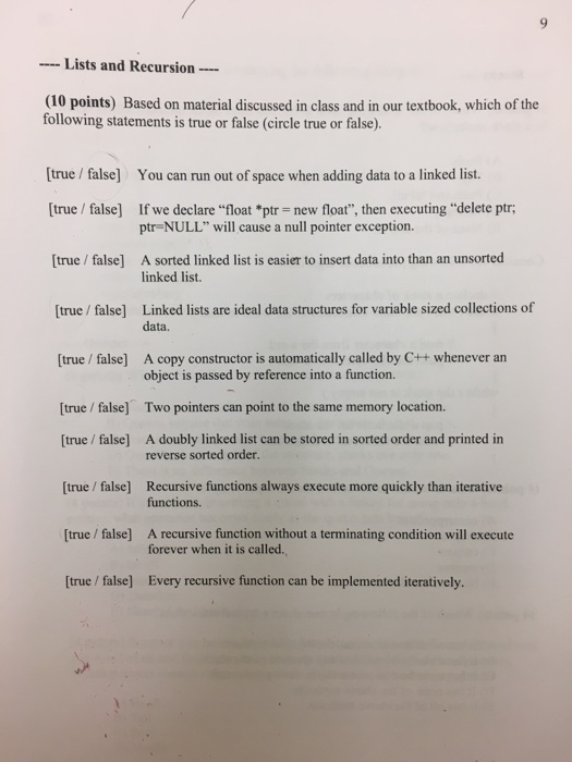  Lists and Recursion (10 points) Based on material discussed in class