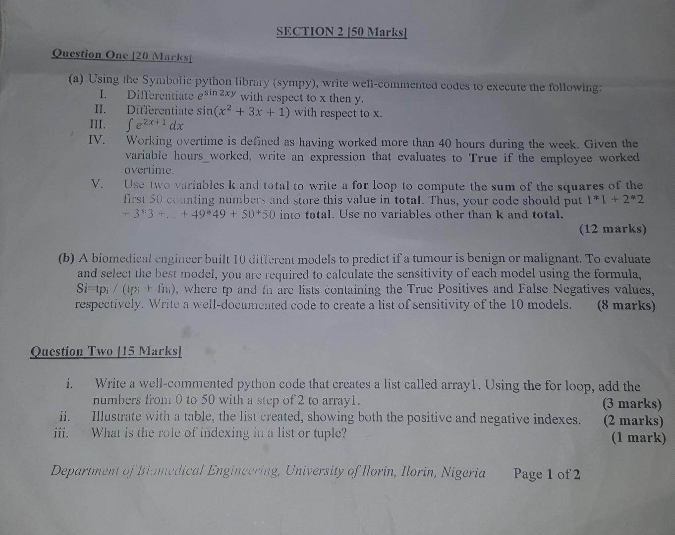  please solve the python questions 1 and 2 SECTION 2 (50