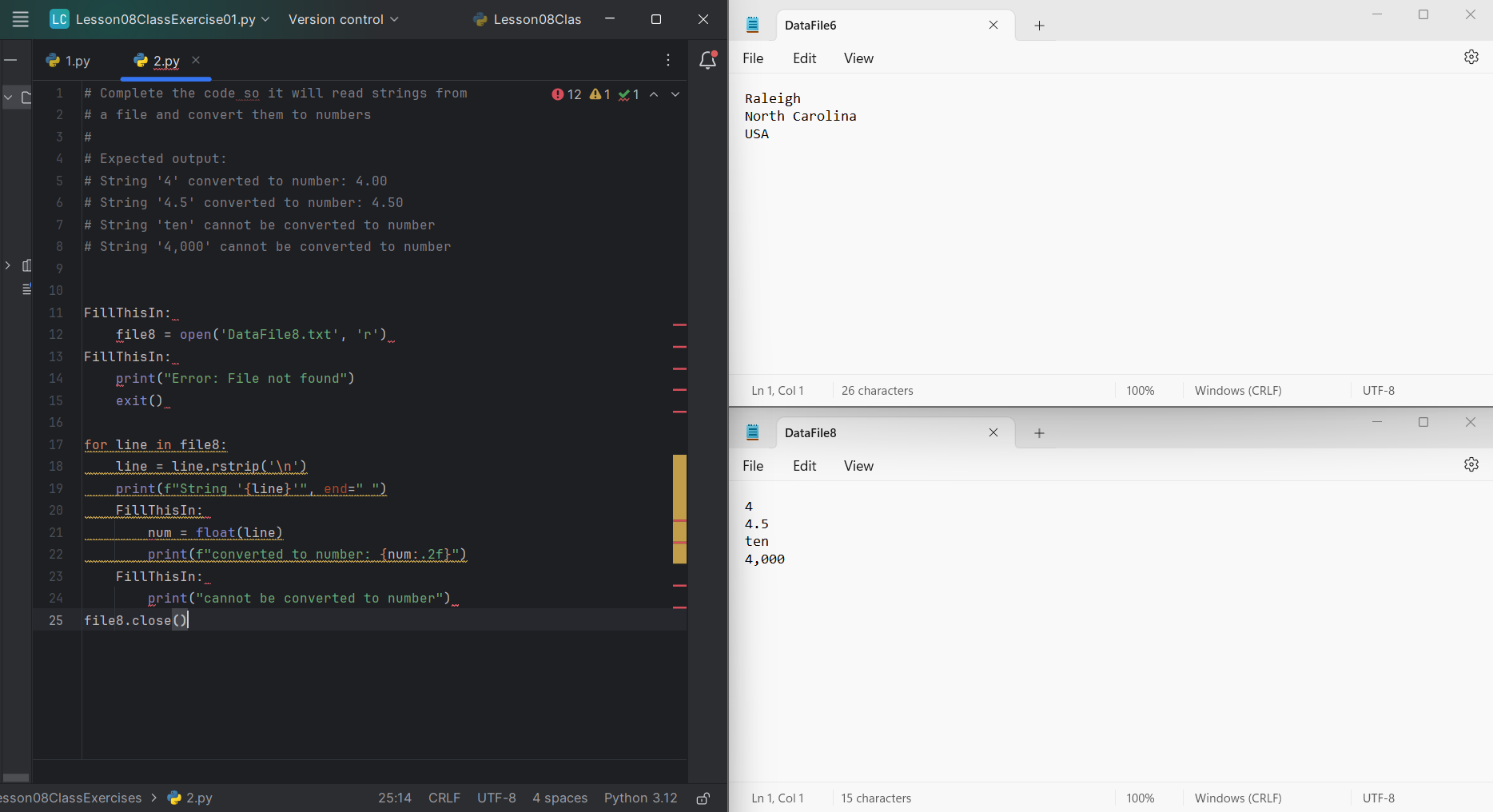  Complete the code so it will read strings from a file