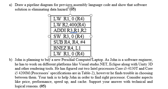  a) Draw a pipeline diagram for previous assembly language code and