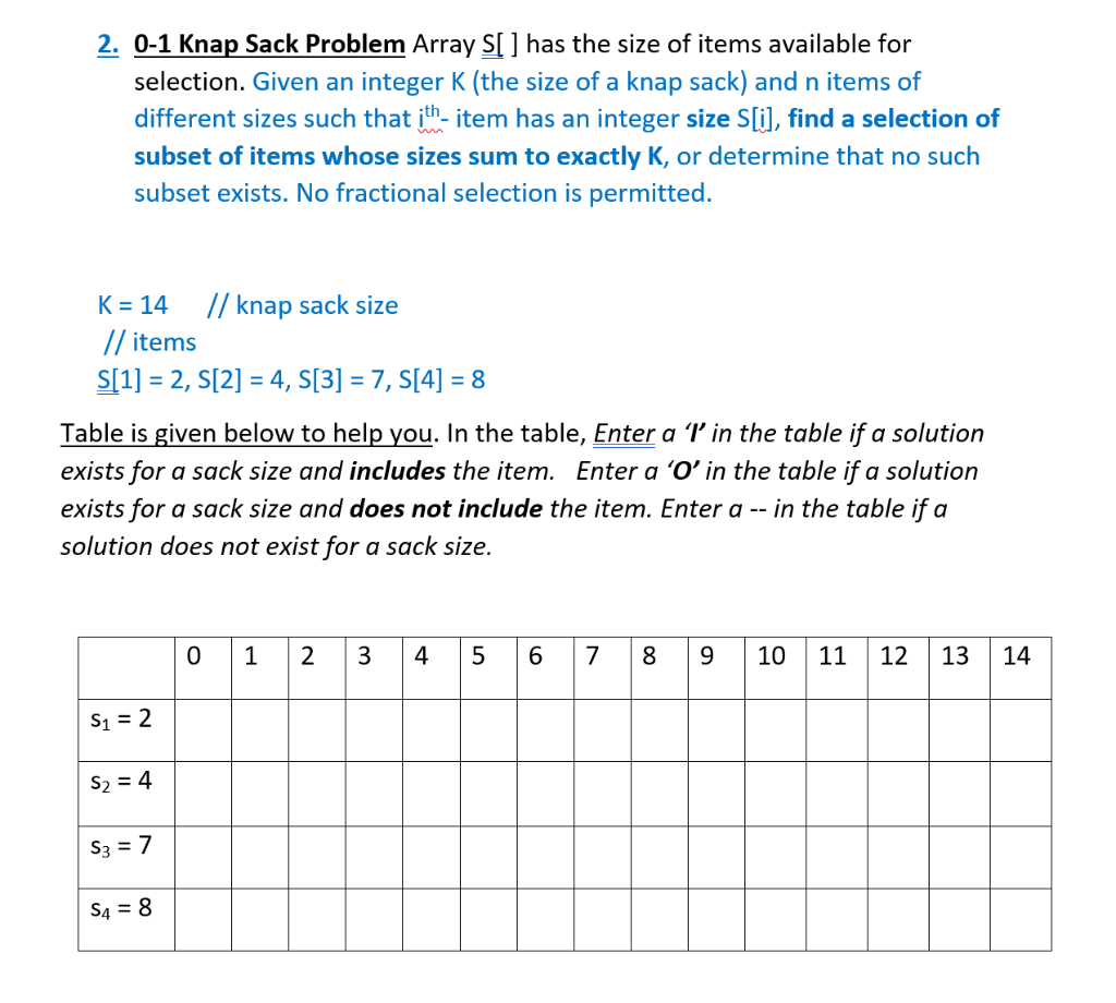  2. 0-1 Knap Sack Problem Array S[ ] has the size