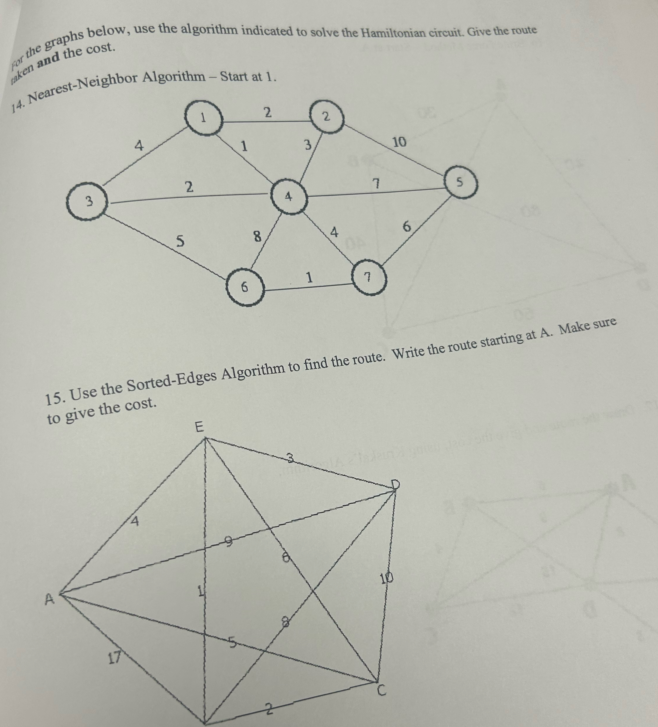  the graphs below, use the algorithm indicated to solve the Hamiltonian
