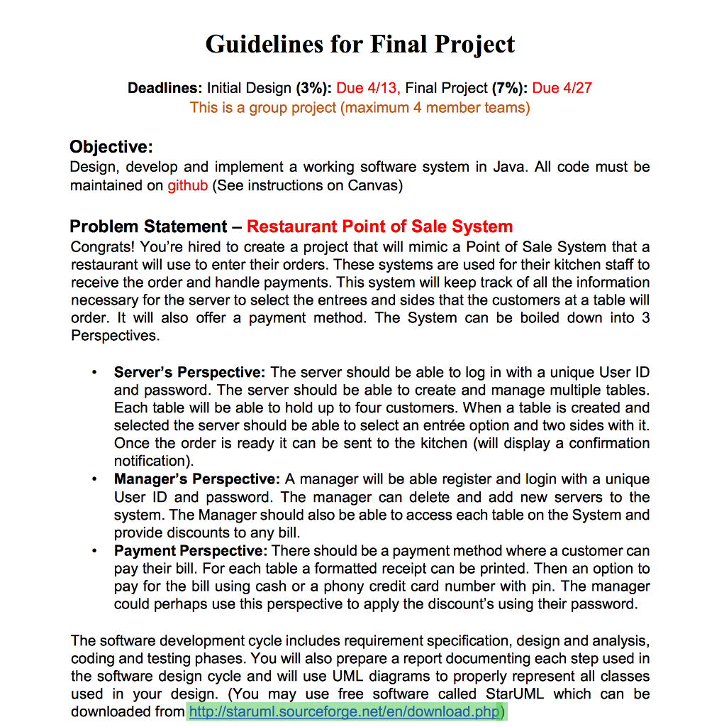 JAVA Guidelines for Final Proiect Deadlines: Initial Design (3%): Due 4/13, Final