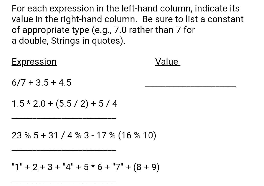  For Java Please Explain in detail For each expression in the