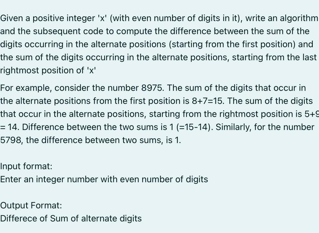  python code Given a positive integer 'x' (with even number of