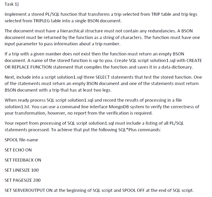 PL/SQL Function that transforms a row into a BSON Document. Task 1)