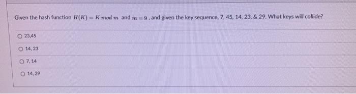  Given the hash function H(K) -K mod m and m-9. and