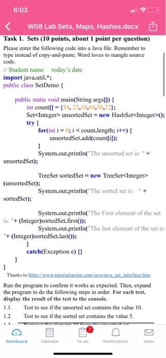  task 1 java lang 6:03 W08 Lab Sets, Maps, Hashes.docx Task