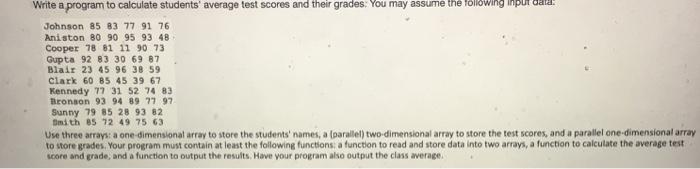  Write a program to calculate students' average test scores and their