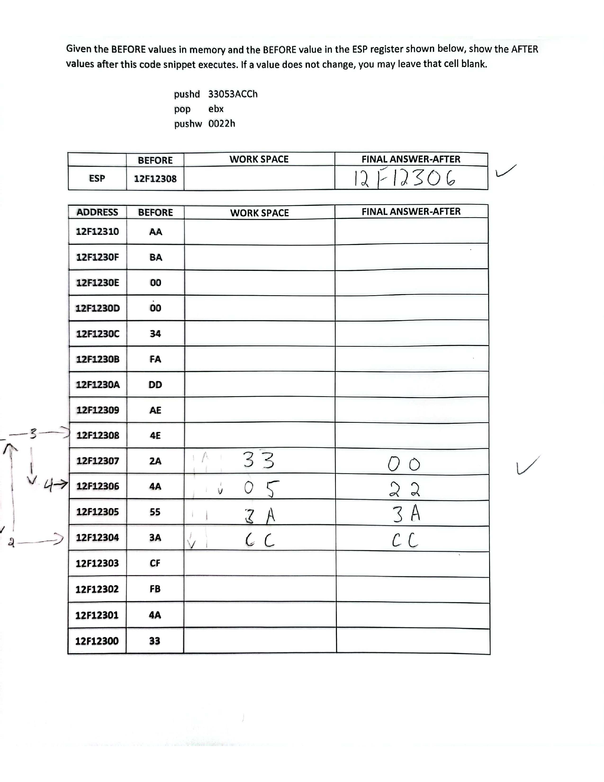  Given the BEFORE values in memory and the BEFORE value in