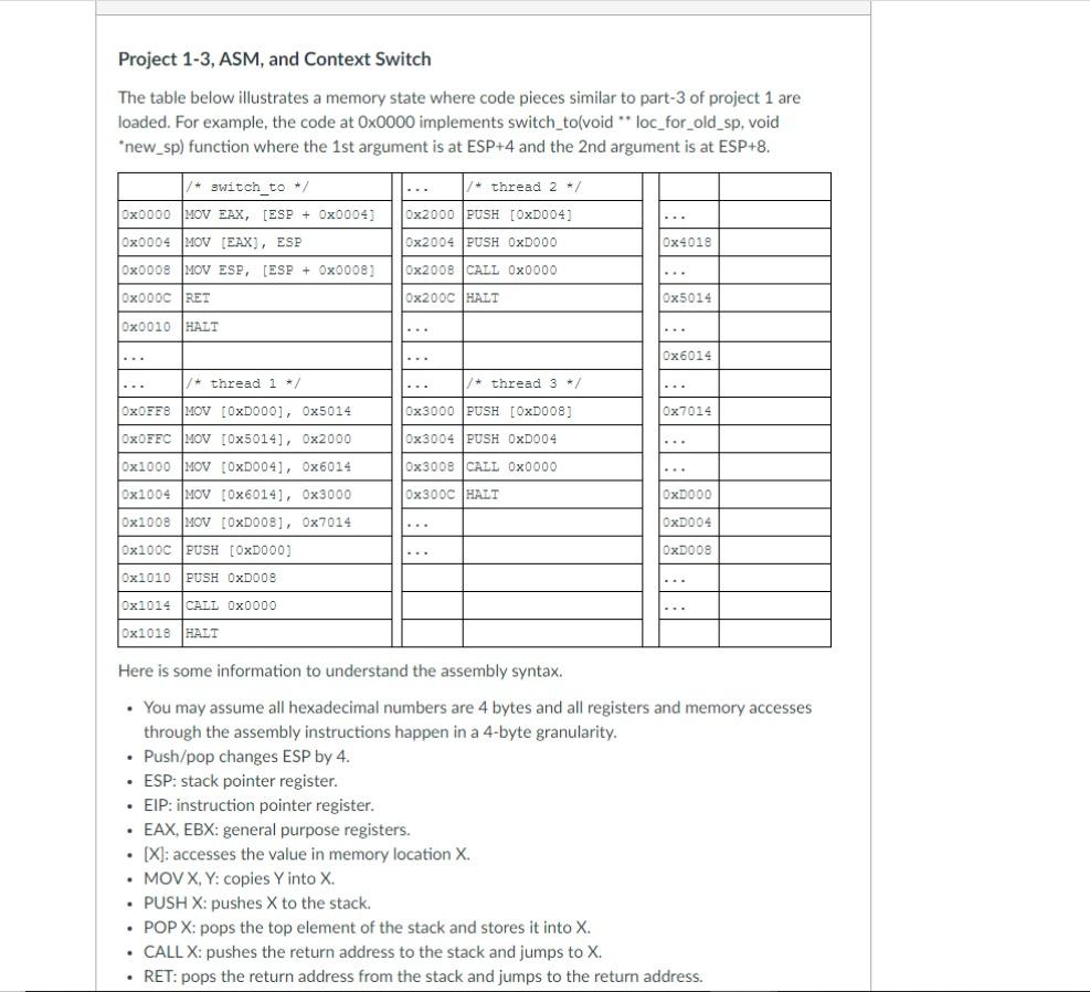  Project 1-3, ASM, and Context Switch The table below illustrates a