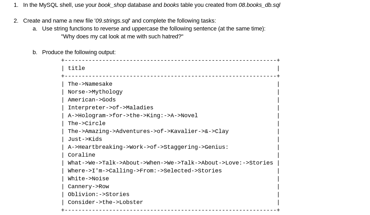  1. In the MySQL shell, use your book_shop database and books
