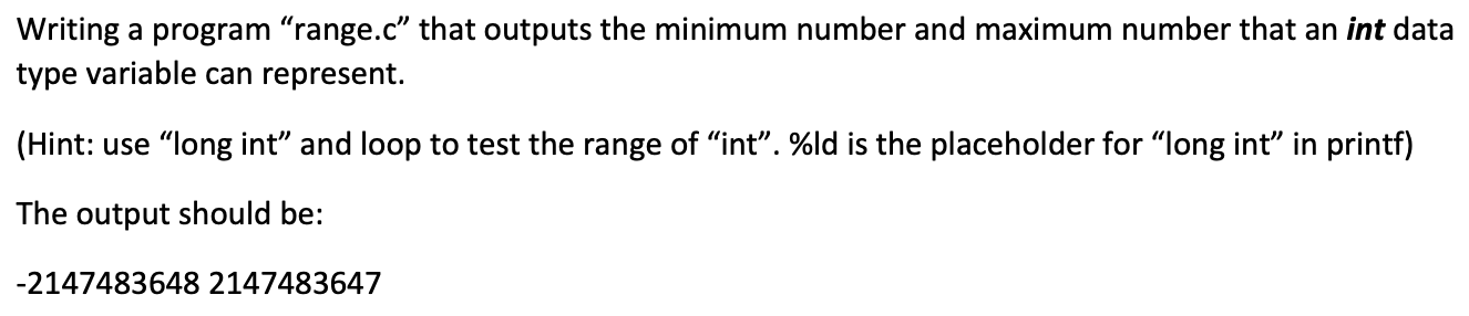 In C pls Writing a program "range.c" that outputs the minimum number