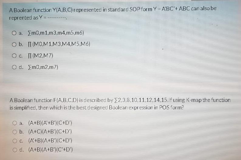  A Boolean function Y{A,BC) represented in standard SOP form Y =