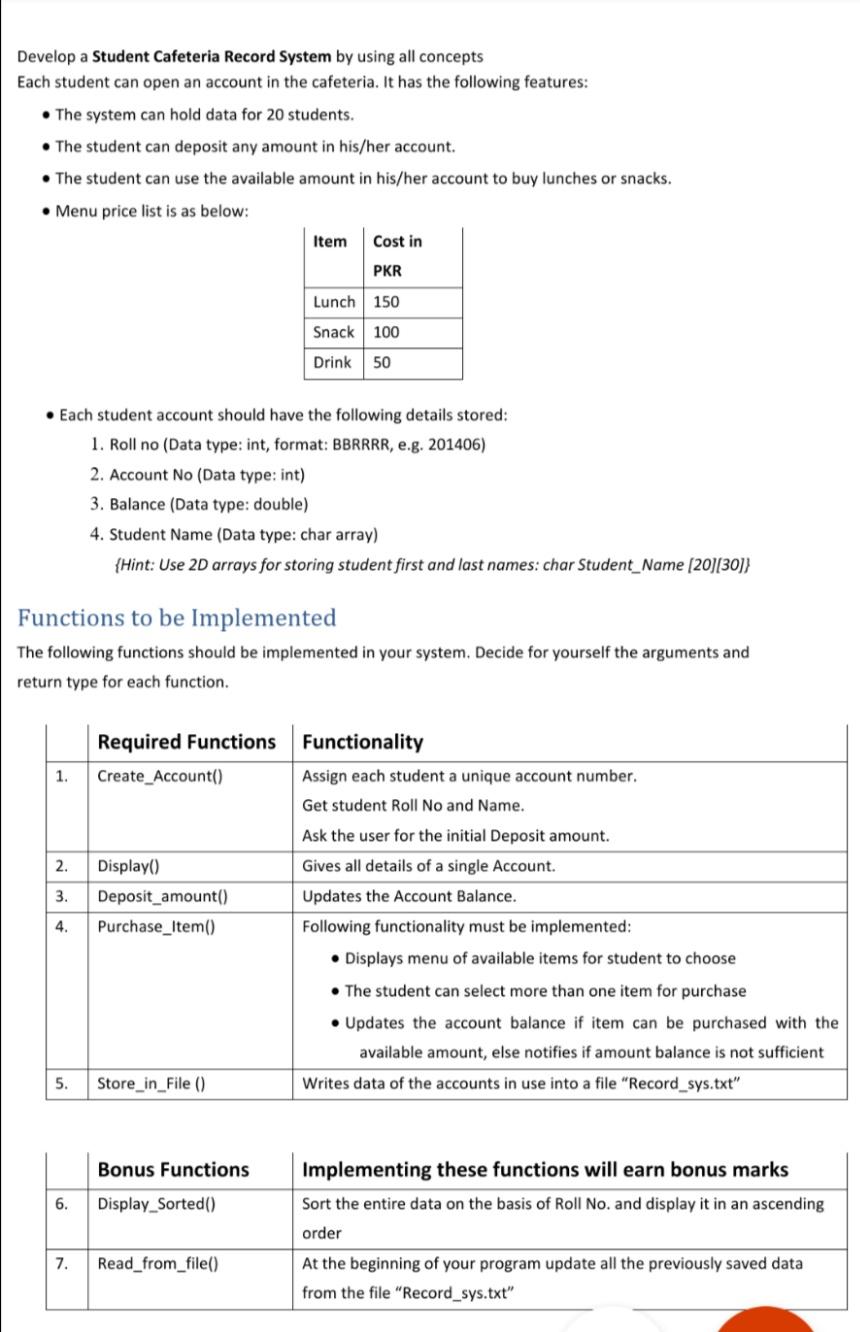 Using c++ Develop a Student Cafeteria Record System by using all concepts