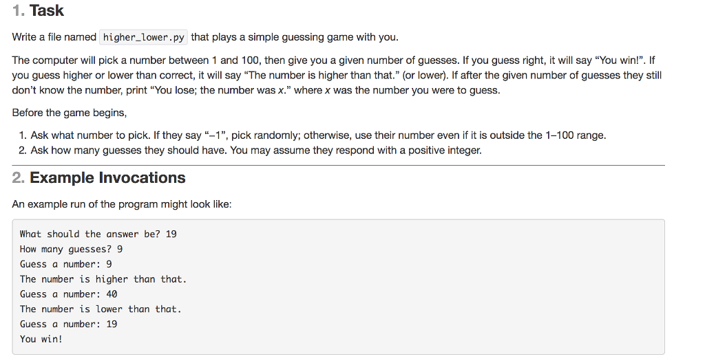 PYTHON!!!!! 1. Task Write a file named higher_lower.py that plays a