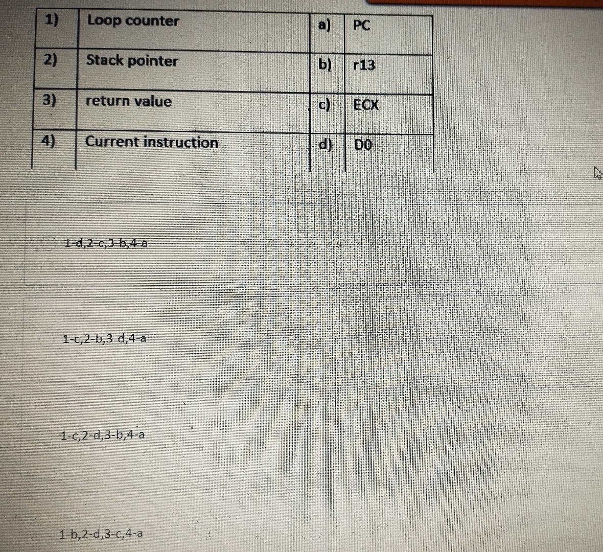  \table[[1),Loop counter,a),PC],[2),Stack pointer,b),r13],[3),return value,c),ECX],[4),Current instruction,d),Do]] 1-d,2-c,3-b,4=a 1-c,2-b,3-d,4-a 1-c,2-d,3-b,4-a 1-b,2-d,3-c,4-a 