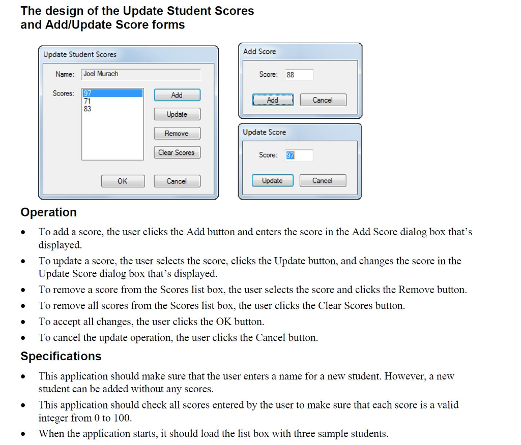 user add students to a list, change the scores for a student