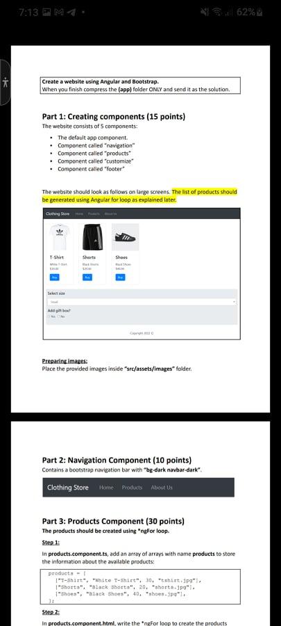  PLEASE SOLVE WITH HTML, BOOTSTRAP, ANGULAR ONLY !!! 7:13 PM4 S.62%