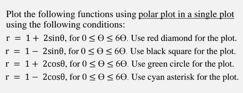  Using matlab Plot the following functions using polar plot in a
