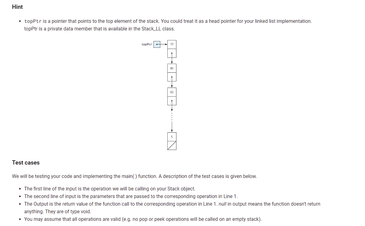 you will be implementing a Stack using a Singly Linked List. Implement
