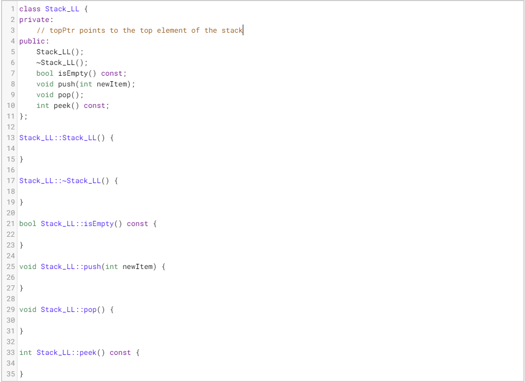 the following functionalities of a stack ADT using a singly linked list.