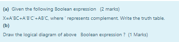  (a) Given the following Boolean expression (2 marks) X=A'BC+A'B'C'+AB'C, where 'represents