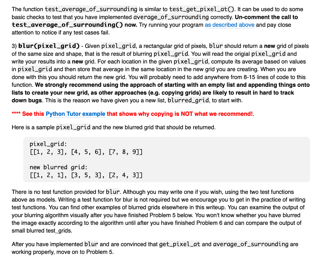 the three function bodies related to blurring an image: get_pixel_at(pixel_grid, i, j),