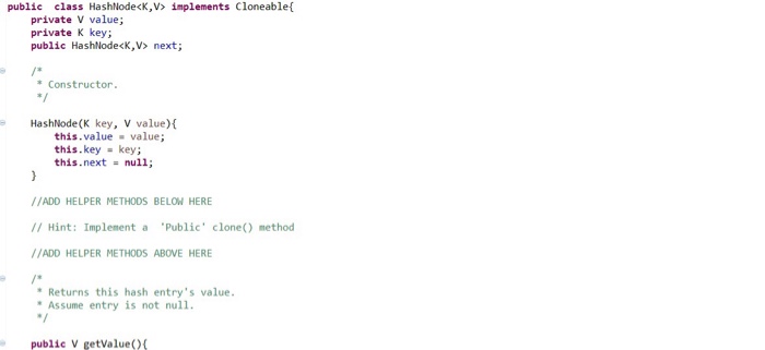 may need to implement a clone method public class HashLinkedList " Fields
