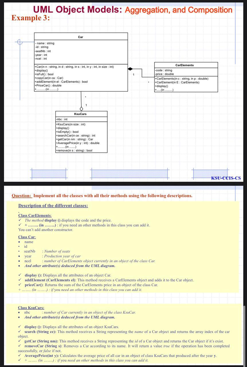  UML Object Models: Aggregation, and Composition Example 3: Car name: string