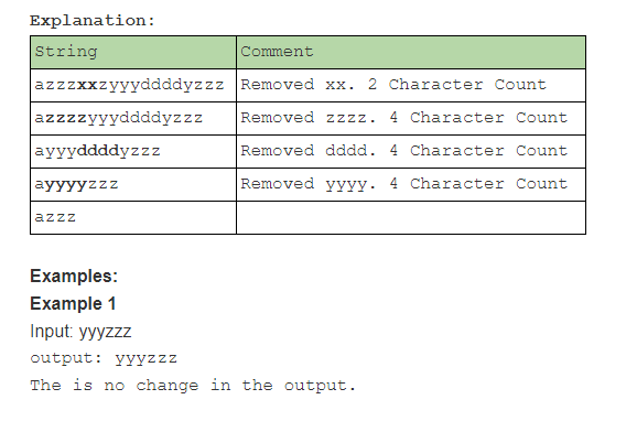 consecutive duplicate characters of even count from the string, starting from the