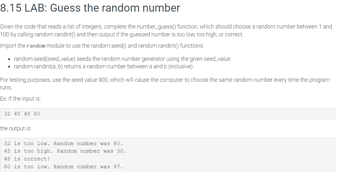 8.15 LAB: Guess the random number PYTHON CODE 8.15LAB: Guess the random